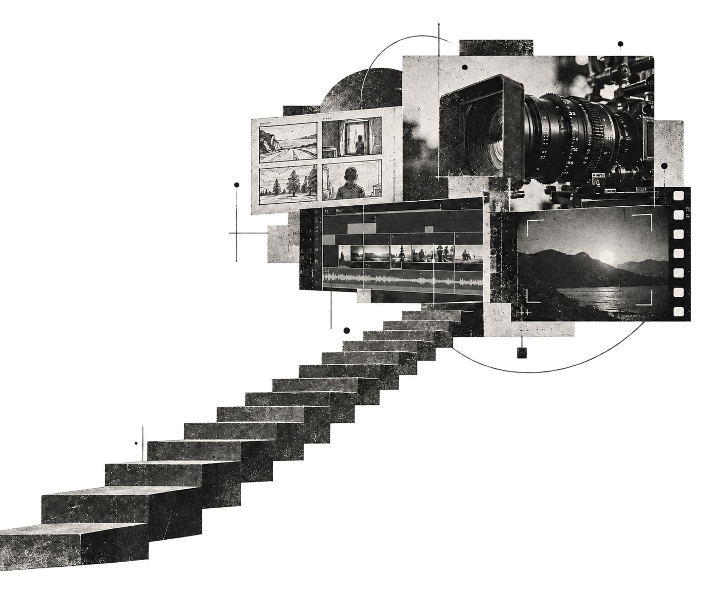 Collage en blanco y negro de una escalera que conduce a una cámara y una línea de tiempo de edición